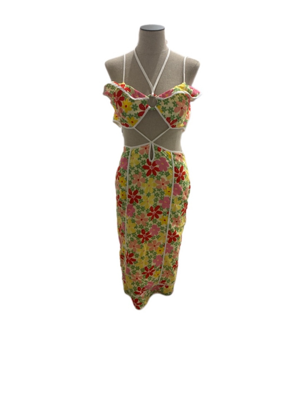 Floral Cutout Two-Piece Dress Set in Yellow, Red & Pink